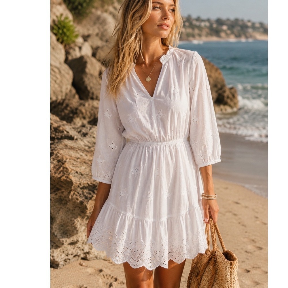 Knox Rose White Eyelet Embroidered Ruffle Mini Dress XS Long Sleeve‎ Boho Tiered